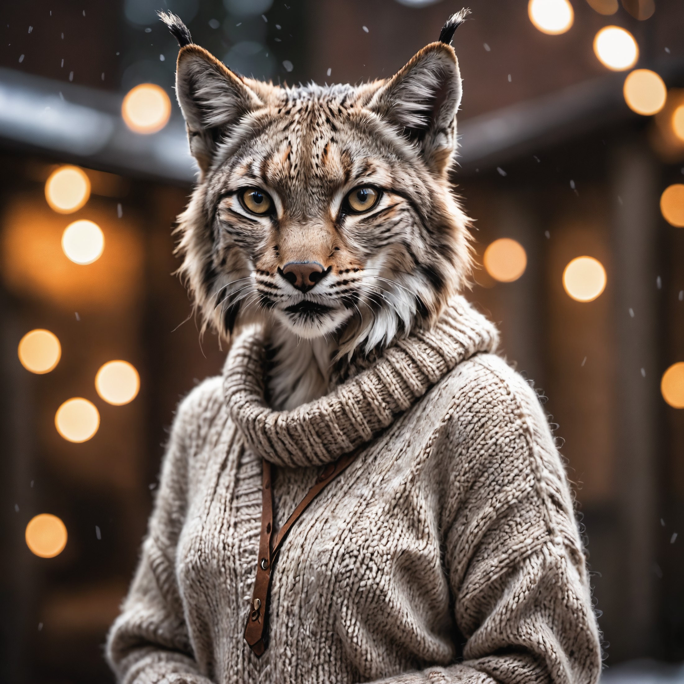 photo of an anthro  lynx female wearing a wool sweater,  high quality photography,  3 point lighting,  flash with softbox,...